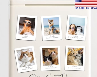 May include: Set of six rectangular magnets featuring photos of dogs and cats. Each magnet has a white border and the name "Darla" with the phrase "forever in my heart" or "forever in my head". The magnets are displayed on a white refrigerator.