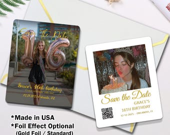 Gold Foil Birthday Save The Date Magnet, Photo Invitation