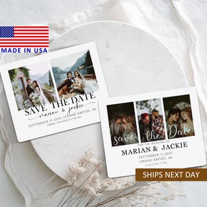 May include: Two white save the date cards with black text and photos. The top card says "Save the Date Marian & Jackie September 11, 2025 | Grand Rapids, MI Formal Invitation to Follow". The bottom card says "Save the Date For the Wedding of Marian & Jackie September 11, 2025 Grand Rapids, MI Formal Invitation to Follow Ships Next Day".