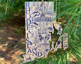 1 - RHODE ISLAND shaped wood wooden Christmas ornament - digital design photo transfer - RI - Providence, Whale, Lobster - Great Gift