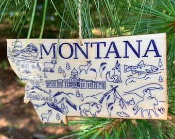 1 - MONTANA shaped wood wooden Christmas ornament - digital design photo transfer - MT - Billings, Battle of Little Bighorn - Great Gift