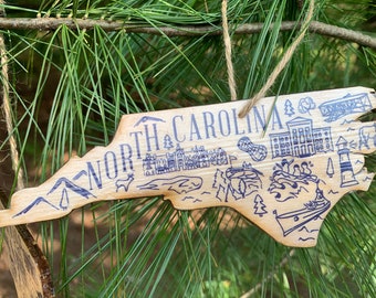 1 - NORTH CAROLINA shaped wood wooden Christmas ornament - digital design photo transfer - NC - Wright Brothers, Outer Banks - Great Gift