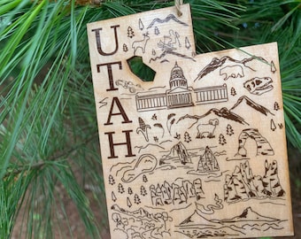 1 - UTAH shaped wood wooden Christmas ornament - digital design photo transfer - UT - Zion, Salt Lake City, Arches, Bryce - Great Gift