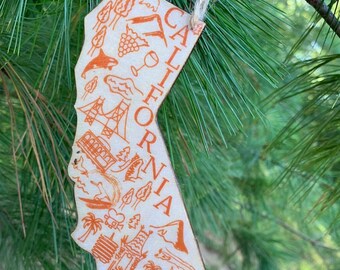 California shaped wood wooden Christmas ornament - digital design photo transfer - CA  - LA, San Diego, San Francisco - travel - Great Gift!