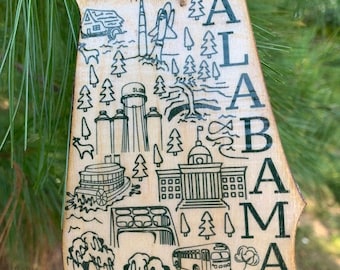 Alabama shaped wood wooden Christmas ornament - digital design photo transfer - AL  - Rocket, Montgomery - travel, vacation - Great Gift!