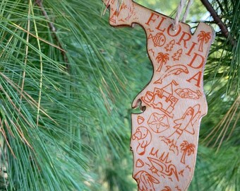 Florida shaped wood wooden Christmas ornament - digital design photo transfer - FL  - Everglades, Manatee, Beach - Travel - Great Gift!