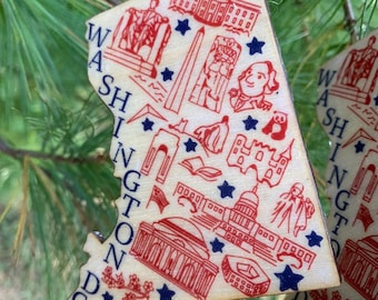 Washington DC shaped wood wooden Christmas ornament - digital design photo transfer - Lincoln, Washington, Jefferson - Travel - Great Gift!