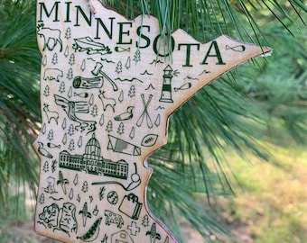 Minnesota shaped wood wooden Christmas ornament - digital design photo transfer - MN  - lumberjack, lakes - travel, vacation - Great Gift!