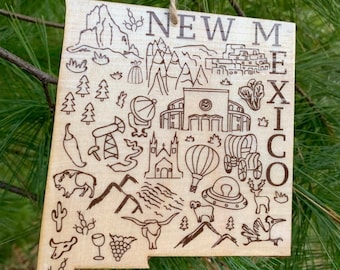 1 - NEW MEXICO shaped wood wooden Christmas ornament - digital design photo transfer - NM -  Roswell, White Sands,  - Great Gift!