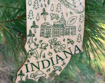 Indiana shaped wood wooden Christmas ornament - digital design photo transfer - IN  - popcorn, indy 500 - travel, vacation - Great Gift!
