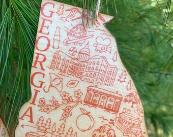 Georgia shaped wood wooden Christmas ornament - digital design photo transfer - GA  - peach, savannah, providence canyon - Great Gift!
