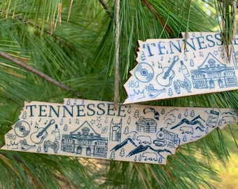 Tennessee shaped wood wooden Christmas ornament - digital design transfer - TN  - Nashville, Great Smoky Mtns, Ryman - Travel - Great Gift!