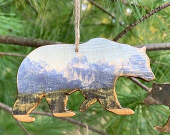 1 - Bear Ornament - Photography - Photo Transfer - GRAND TETONS - Wyoming - National Park - Wood Christmas Ornament - great gift!