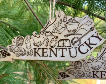 Kentucky shaped wood wooden Christmas ornament - digital design photo transfer - KY  - Derby, Fort Knox, Mammoth Cave - travel - Great Gift!