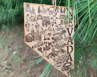 1 - NEVADA shaped wood wooden Christmas ornament - digital design photo transfer - NV - Las Vegas, Hoover Dam, UFO, Carson City - Great Gift