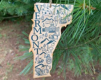 1 - VERMONT shaped wood wooden Christmas ornament - digital design photo transfer - VT - Cheese, Maple Syrup, Ice Cream - Great Gift