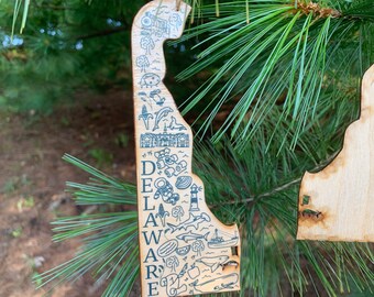 1 - DELAWARE shaped wood wooden Christmas ornament - digital design photo transfer - DE -  First State, Dover, New England  - Great Gift!