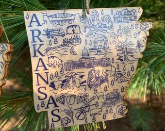 1 - ARKANSAS shaped wood wooden Christmas ornament - digital design photo transfer - AR -  Little Rock, Hot Springs, Diamond  - Great Gift!