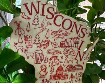Wisconsin shaped wood wooden Christmas ornament - digital design photo transfer - WI - Midwest - Cheese, Beer - Great Gift!