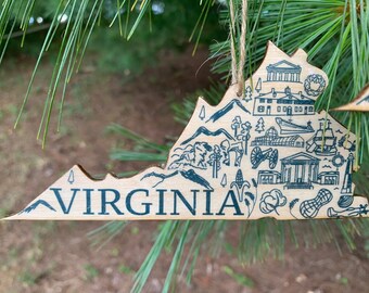 1 - VIRGINIA shaped wood wooden Christmas ornament - digital design photo transfer - VA - Mount Vernon, Arlington Ntl Cemetery - Great Gift