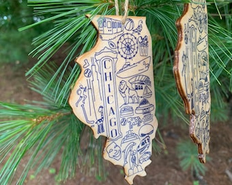 1 - Chicago Christmas ornament - IL shaped wood wooden digital design photo transfer - Illinois, Hot Dog, Pizza, Marathon, Zoo - Great Gift
