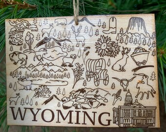 1 - WYOMING shaped wood wooden Christmas ornament - digital design photo transfer - WY - Cheyenne, Rodeo, Yellowstone - Great Gift