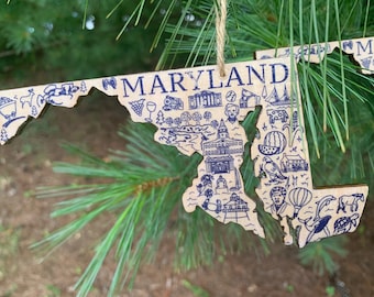 1 - MARYLAND shaped wood wooden Christmas ornament - digital design photo transfer - MD - Blue Crabs, Harriet Tubman, Annapolis - Great Gift