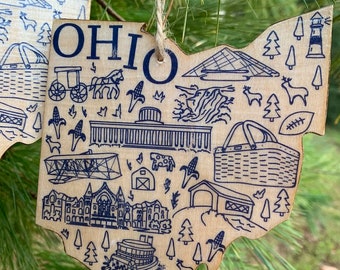 1 - OHIO shaped wood wooden Christmas ornament - digital design photo transfer - OH -  Rock & Roll Hall of Fame, Columbus - Great Gift!