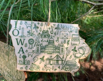 1 - IOWA shaped wood wooden Christmas ornament - digital design photo transfer - IA - American Gothic, Sliced Bread, State Fair - Great Gift