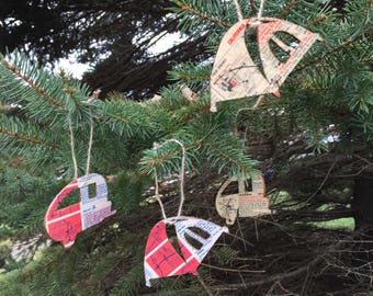 1 - TENT or CAMPER - Christmas Tree Ornament - United States 4 inch - recycled koa map, reclaimed wood - adventure, camping, hiking