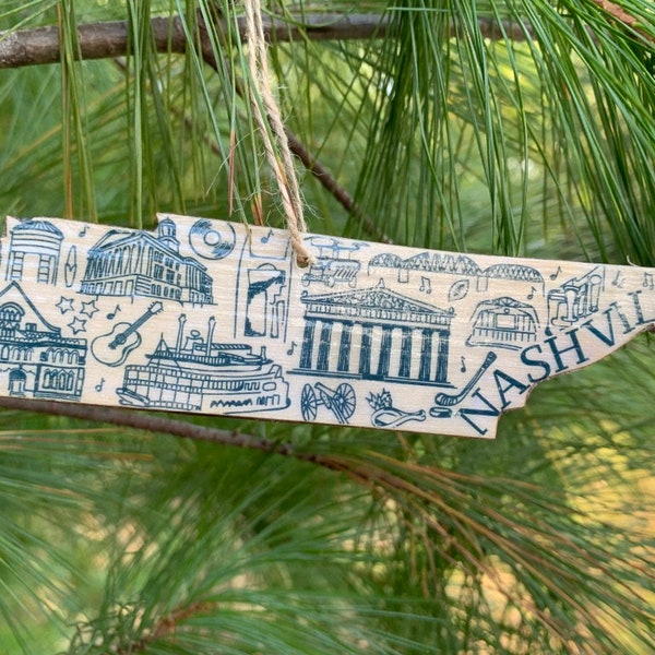 Nashville Tennessee shaped wood wooden Christmas ornament - digital design transfer - Ryman, Grand Ole Opry, Broadway - Travel - Great Gift!