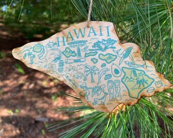 1 - HAWAII shaped wood wooden Christmas ornament - digital design photo transfer - HI -  Sea Shell, Hawaiian Islands, Dolphin - Great Gift!