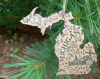 Michigan shaped wood wooden Christmas ornament - digital design photo transfer - MI  - Detroit, Tulips, UP - vacation - Great Gift!