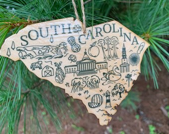 1 - SOUTH CAROLINA shaped wood wooden Christmas ornament - digital design photo transfer - SC - Charleston, Golf, Swan, Beach - Great Gift