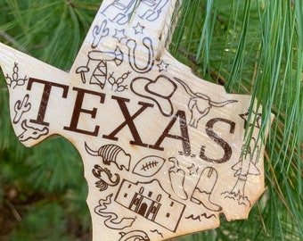 Texas shaped wood wooden Christmas ornament - digital design photo transfer - TX  - Alamo, Longhorn, Cadillac Ranch - vacation - Great Gift!