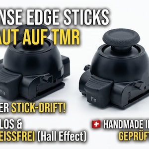 Op de afbeelding: Twee zwarte controller joystick modules voor DualSense Edge, voorzien van TMR-technologie. De tekst op de afbeelding luidt: DUALSENSE EDGE STICKS UMGEBAUT AUF TMR, NIE WIEDER STICK-DRIFT!, KONTAKTLOS & VERSCHLEISSFREI (Hall Effect), HANDMADE IN DER SCHWEIZ GEPRÜFT & KALIBRIERT.
