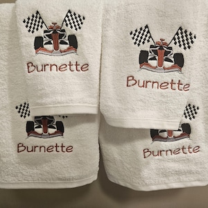 Embroidered Race Car Bath Towel Set, Personalized Racing Gift