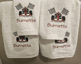 Embroidered Race Car Bath Towel Set, Personalized Racing Gift