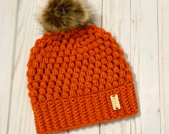 Pumpkin Spice Fall Beanie/Knit Beanie/Women's Beanie/Teen Hat/Faux Fur Pompom Beanie/Crochet Puffy Hat for Teen, Adult