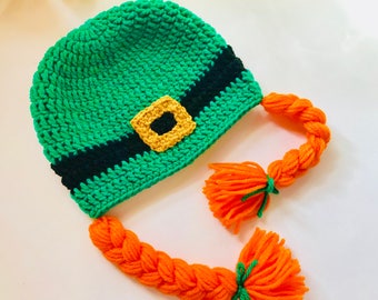 Little Lassie Crochet Hat- Girl St Patrick’s Day Hat With Braids- Leprechaun Hat - Great Photo Prop for St. Patrick's Day