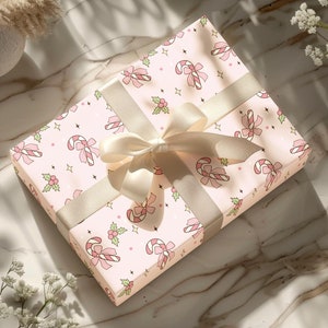 Pink Candy Cane with Cute Bow Christmas Wrapping Paper Holiday Gift Wrap Birthday Holiday Unique Christmas Wrapping Paper  Xmas Gift Wrapper