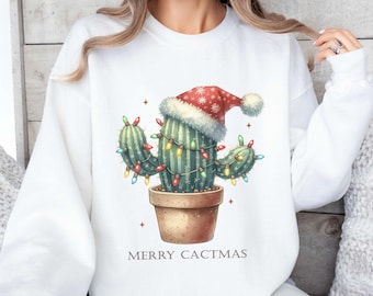 Merry Cactmas Christmas Tree Sweatshirt, Pink Holidays Season Sweatshirt, Christmas Shirt Gift For Women, Family Girlfriend Xmas Party Gift