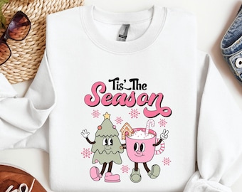 Tis' it Season Hot Cocoa Sweatshirt, Christmas Snowman Santa Claus Sweatshirt Holliday Shirt, Christmas Crewneck, Christmas Shirt For Women