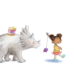 Taking A Triceratops to the Library -  Girl and Triceratops - Art Print - Children