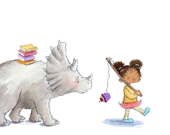 Taking A Triceratops to the Library -  Girl and Triceratops - Art Print - Children