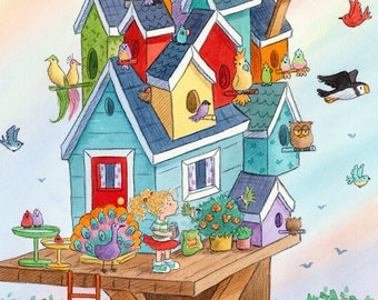 Anya's Birdhouses - Curly Blonde Or Brown Hair - Girl in Birdhouse Treehouse - Art Print