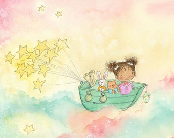 May include: A watercolor illustration of a young girl reading a book in a boat with a rabbit and a teddy bear. The boat is being pulled by a string of stars in a pink and blue sky.