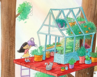 Claudia - Girl in Tree house Greenhouse - Black Hair - Art Print