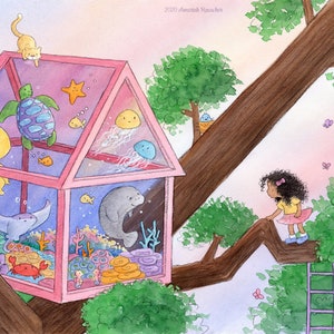 Beatrice - Girl and Aquarium Treehouse - Art Print