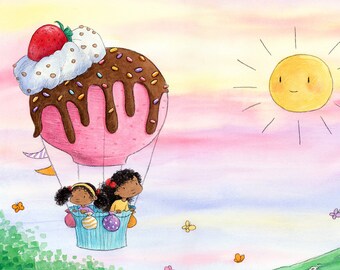 Cupcake Balloon - Sisters in Hot Air Balloon - Art Print